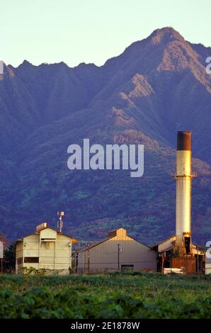 Waialua Sugar Mill with Mount Kaala in bakground at sunset Stock Photo