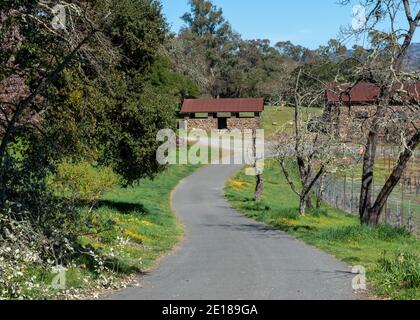 Sonoma, CA, USA, 2020-02-23. Robert Louis Stevenson state Park in primavera, con edifici storici in mattoni, un sentiero e fiori Foto Stock