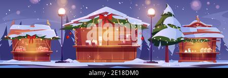 Bancarelle del mercatino di Natale, fiera invernale della strada con cabine in legno decorate con rami di abeti e ghirlande illuminanti. Chioschi con neve, dolci tradizionali, regali in vendita, illustrazione vettoriale Cartoon Illustrazione Vettoriale