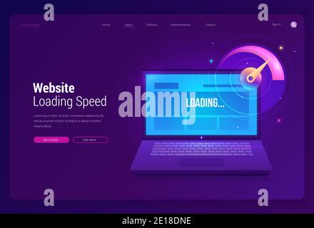Banner velocità caricamento sito Web. Test online delle prestazioni di download della pagina Web. Pagina di destinazione vettoriale dell'ottimizzazione della connessione Internet con illustrazione del laptop e del tachimetro su sfondo viola Illustrazione Vettoriale