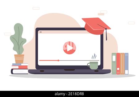 Formazione online. Concetto di progettazione piatta di formazione e tutorial video. Illustrazione vettoriale per banner di siti web, materiale di marketing, presentazione Illustrazione Vettoriale