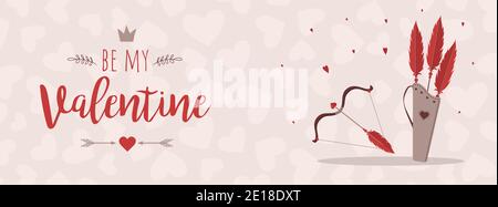 Banner di saluto di San Valentino. Frecce e arco di Cupido. Arma di San Valentino isolata su sfondo bianco. Carino elementi di festa del 14 febbraio. Vettore Illustrazione Vettoriale