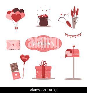 Elementi di design di San Valentino con palo, frecce cupide, arco, caramella, regalo e cuori. Casella postale con lettere d'amore. Set carino per San Valentino. Vettore Illustrazione Vettoriale