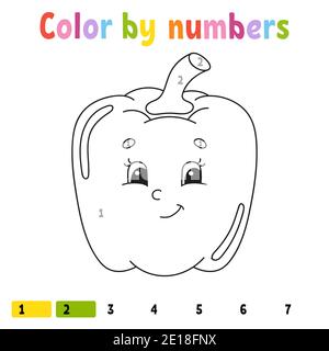Colore per numeri pepe. Libro da colorare per bambini. Carattere vegetale. Illustrazione vettoriale. Carino stile cartoon. Disegnato a mano. Pagina del foglio di lavoro per i bambini Illustrazione Vettoriale