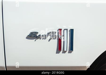 Logo Plymouth Sport Close Up 1967 su auto d'epoca Foto Stock