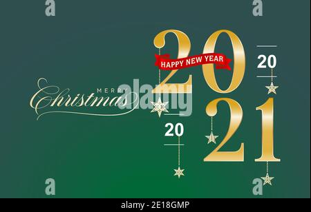 Felice anno nuovo 2021 con sfondi verdi, 2021 font numero oro con nastro sfumato rosso, felice anno nuovo nastro rosso, per biglietti d'auguri, banner Illustrazione Vettoriale