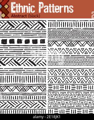 4 motivi senza giunture per Illustrator in stile tribale, realizzati con disegni disegnati a mano. Illustrazione Vettoriale