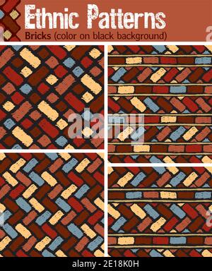 4 motivi senza giunture per Illustrator in stile tribale, realizzati con disegni disegnati a mano. Illustrazione Vettoriale