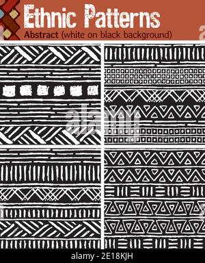 4 motivi senza giunture per Illustrator in stile tribale, realizzati con disegni disegnati a mano. Illustrazione Vettoriale