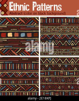 4 motivi senza giunture per Illustrator in stile tribale, realizzati con disegni disegnati a mano. Illustrazione Vettoriale
