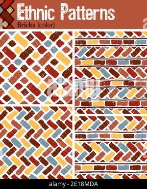 4 motivi senza giunture per Illustrator in stile tribale, realizzati con disegni disegnati a mano. Illustrazione Vettoriale