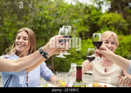Buon bicchiere di vino da tostare con la famiglia Foto Stock