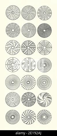 Una vecchia incisione di pietre da macinare preparate che mostravano la varietà di scanalature modellate nelle pietre – ciascuna era la migliore per macinare un grano specifico. E 'da un libro vittoriano del 1880. Alcune pietre sono ‘quarter dress’ (dove il viso è diviso in vari settori – pietre superiori) mentre altre (verso il basso) sono pietre ‘circolari dress’. Le pietre di mulino (pietre di mulino) sono pietre usate in gristmills, per macinare grano o grani altri in farina. I solchi (scanalature) e i terreni (aree piane) sono disposti in modelli ripetitivi denominati ‘arpe’. Una macina tipica avrà sei, otto o dieci arpe. Foto Stock
