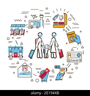 Banner Web di viaggio sicuro. Infografiche con icone lineari su sfondo bianco. Concetto di idea creativa. Illustrazione del colore del contorno isolato Illustrazione Vettoriale