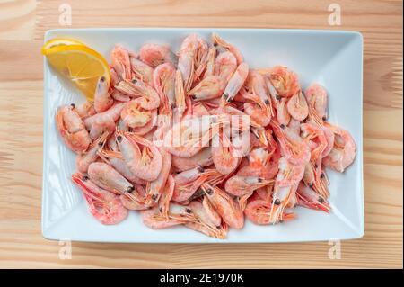 Gamberi gamberetti su piatto bianco. Gamberi, gamberi in ciotola, vista dall'alto. Ingredienti di pesce fresco pronti per mangiare. Gamberi bolliti. Foto Stock