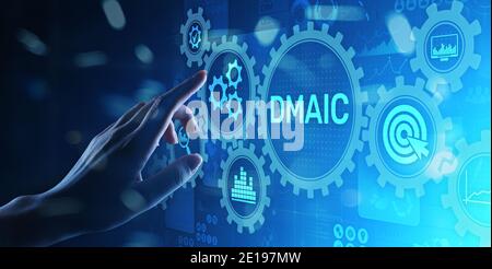 DMAIC define Measure Analyze Improve Control ottimizzazione dei processi aziendali industriali concetto di tecnologia di produzione snella a sei sigma su aree virtuali Foto Stock