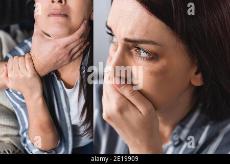 Collage di donna spaventato con lividi che coprono la bocca e abusivo marito soffocare a casa Foto Stock
