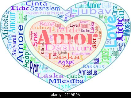 Amore! Nuvola di parole con la parola amore in diverse lingue su sfondo trasparente. Diverse sfumature di rosso, arancione, rosa, blu, viola e verde. Illustrazione Vettoriale