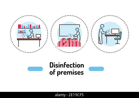 Concetto generale di disinfezione di massa. Icone dei colori della linea di servizio di pulizia. Pittogrammi per pagina Web, app mobile, promo Illustrazione Vettoriale
