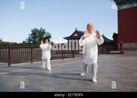 Due persone anziane che giocano a Tai Chi nel parco alto foto di qualità Foto Stock