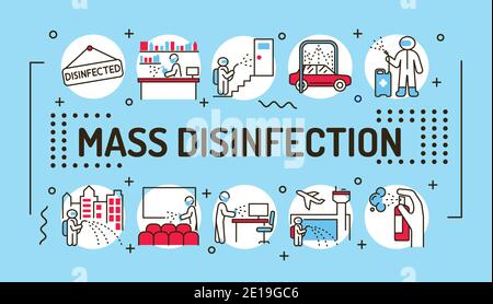 Disinfezione di massa tipografia di scrittura di parole. Infografiche con icone lineari su sfondo blu. Concetto di idea creativa. Colore contorno isolato illustra Illustrazione Vettoriale