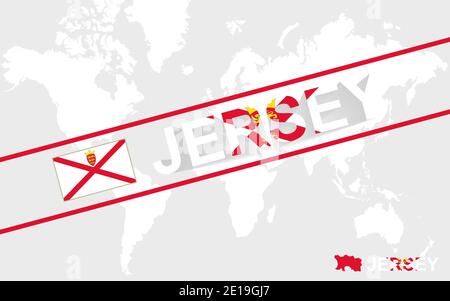 Bandiera e illustrazione di testo della mappa di Jersey, sulla mappa del mondo Illustrazione Vettoriale