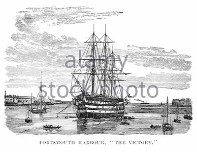 Porto di Portsmouth con HMS Victory, ammiraglia di Lord Nelson alla Battaglia di Trafalgar, illustrazione d'epoca del 1892 Foto Stock