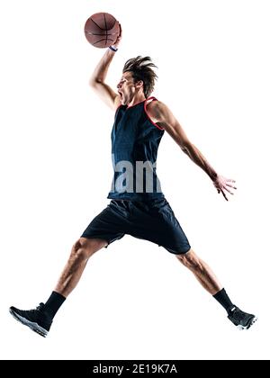 Un caucasian giocatore di basket uomo isolato in silhouette ombra su sfondo bianco Foto Stock