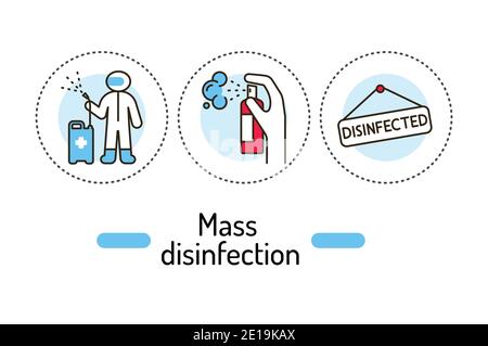 Concetto generale di disinfezione di massa. Icone dei colori della linea di servizio di pulizia. Pittogrammi per pagina Web, app mobile, promo Illustrazione Vettoriale