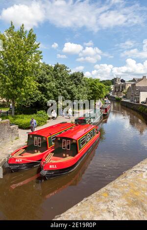 Barche strette ormeggiate lungo l'alzaia del ramo delle sorgenti del canale Leeds Liverpool a Skipton, North Yorkshire Foto Stock