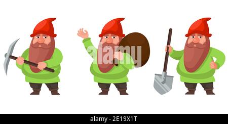 GNOME in posizioni diverse. Personaggio fiabesco in stile cartoon. Illustrazione Vettoriale