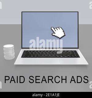 Illustrazione in 3D del titolo DI ANNUNCI PUBBLICITARI A PAGAMENTO sullo schermo di un computer portatile con una mano simbolica che punta sullo schermo e una pila di monete, isolate su una scala grigia grigia Foto Stock
