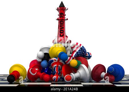 Scacchi figura - re etichettato COVID-19 sulla cima di un mucchio di pedoni caduti nei colori delle bandiere di diversi paesi. Illustrazione 3D Foto Stock