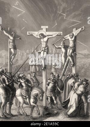 Crocifissione di Gesù, Monte Calvario, Gerusalemme, nuovo Testamento, incisione in acciaio 1853, restaurata digitalmente Foto Stock