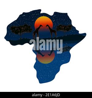 Continente africano con il tramonto e gli animali selvatici silhouette isolate su sfondo bianco. Africa giorno. Cartina di viaggio per l'Africa. Illustrazione vettoriale stock Illustrazione Vettoriale