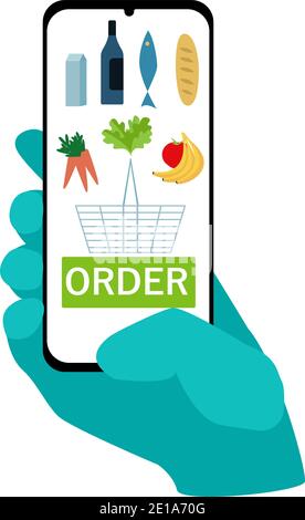 una mano in un guanto protettivo può contenere uno smartphone e ordinare cibo nell'app. concetto di consegna e shopping senza contatto sicuro. stile piatto Illustrazione Vettoriale