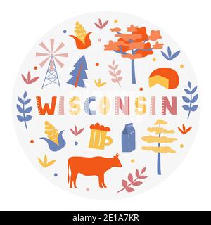Collezione USA. Illustrazione vettoriale del tema Wisconsin. Simboli di stato - forma rotonda Illustrazione Vettoriale