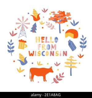 Collezione USA. Ciao dal tema del Wisconsin. Simboli di stato scheda a forma rotonda Illustrazione Vettoriale