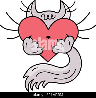 Doodle, illustrazione vettoriale, logo per il giorno del gatto e dei gatti. Adesivo per San Valentino Felino felice. Illustrazione Vettoriale