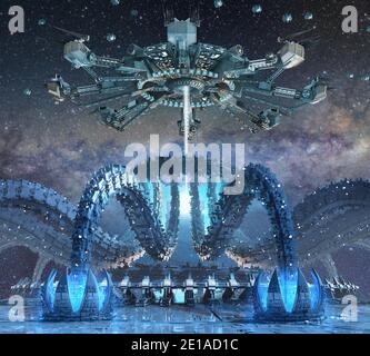 Illustrazione 3D di architettura organica con una struttura futuristica con un nucleo energetico ed estensioni che imitano tentacoli di polpo e ninfee, fo Foto Stock