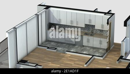 Rendering 3D di una cucina abitabile ammobiliata, con armadi e elettrodomestici generici. Foto Stock