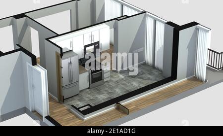 Rendering 3D di una cucina abitabile ammobiliata, con armadi e elettrodomestici generici. Foto Stock