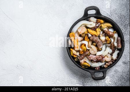Misto di pesce crudo. Cozze fresche, vongole, calamari, polpi, gamberetti e gamberi. Sfondo grigio. Vista dall'alto. Spazio di copia Foto Stock