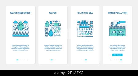 Illustrazione del vettore problema di inquinamento ambientale dell'acqua. UX, UI onboarding mobile app page set con line Water resources Symbol, la fuoriuscita di petrolio in mare o gli inquinamenti oceanici ecosistema ecologico dell'ambiente Illustrazione Vettoriale