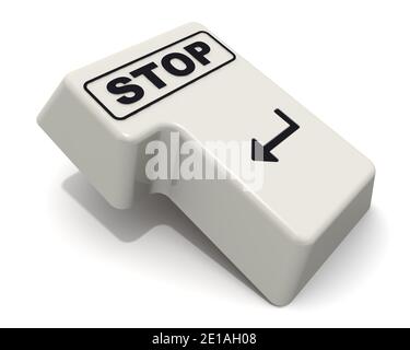 Il tasto invio della tastiera contrassegnato CON STOP. Computer tasto Invio della tastiera con blocco della parola nero isolato su sfondo bianco. Illustrazione 3D Foto Stock