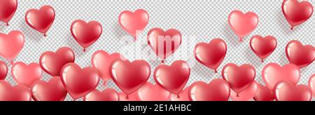Buon San Valentino. Palloncini di gel-cuori rosso e rosa. Banner orizzontale con posizione per il testo. Buon compleanno, Giornata Internazionale della Donna. Isolato su Illustrazione Vettoriale
