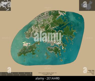 Hong Kong, regione autonoma della Cina. Immagini satellitari Sentinel-2. Forma isolata su fondo solido con sovrapposizioni informative. Contiene C modificato Foto Stock