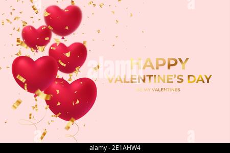 Palloncini rossi a forma di cuore scintillante con scritta in confetti dorati scintillanti Happy San Valentino isolato su sfondo rosa illustrazione vettoriale Illustrazione Vettoriale