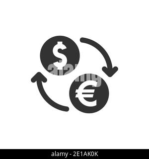 Icona vettore nero cambio euro e dollaro. Moneta per il trasferimento di denaro con il simbolo delle frecce. Illustrazione Vettoriale