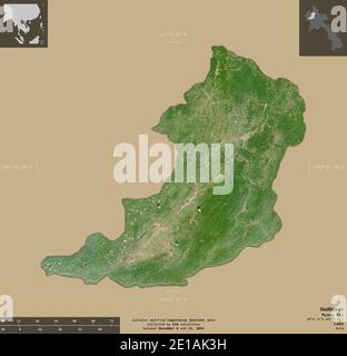 Oudomxai, provincia del Laos. Immagini satellitari Sentinel-2. Forma isolata su fondo solido con sovrapposizioni informative. Contiene Copernicus S modificato Foto Stock